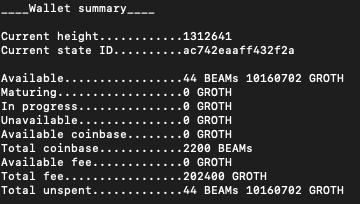 example wallet summary after solo mining Beams